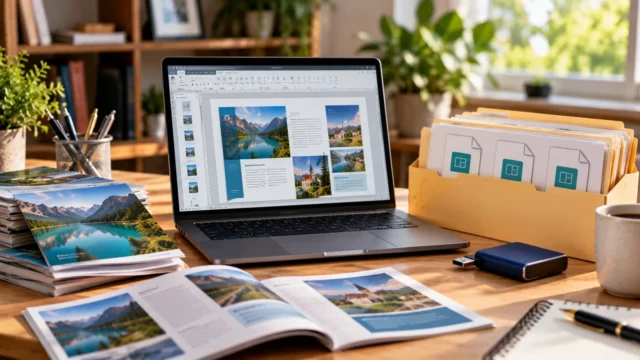 Laptop showing a brochure design on a desk with printed newsletters and archived project files