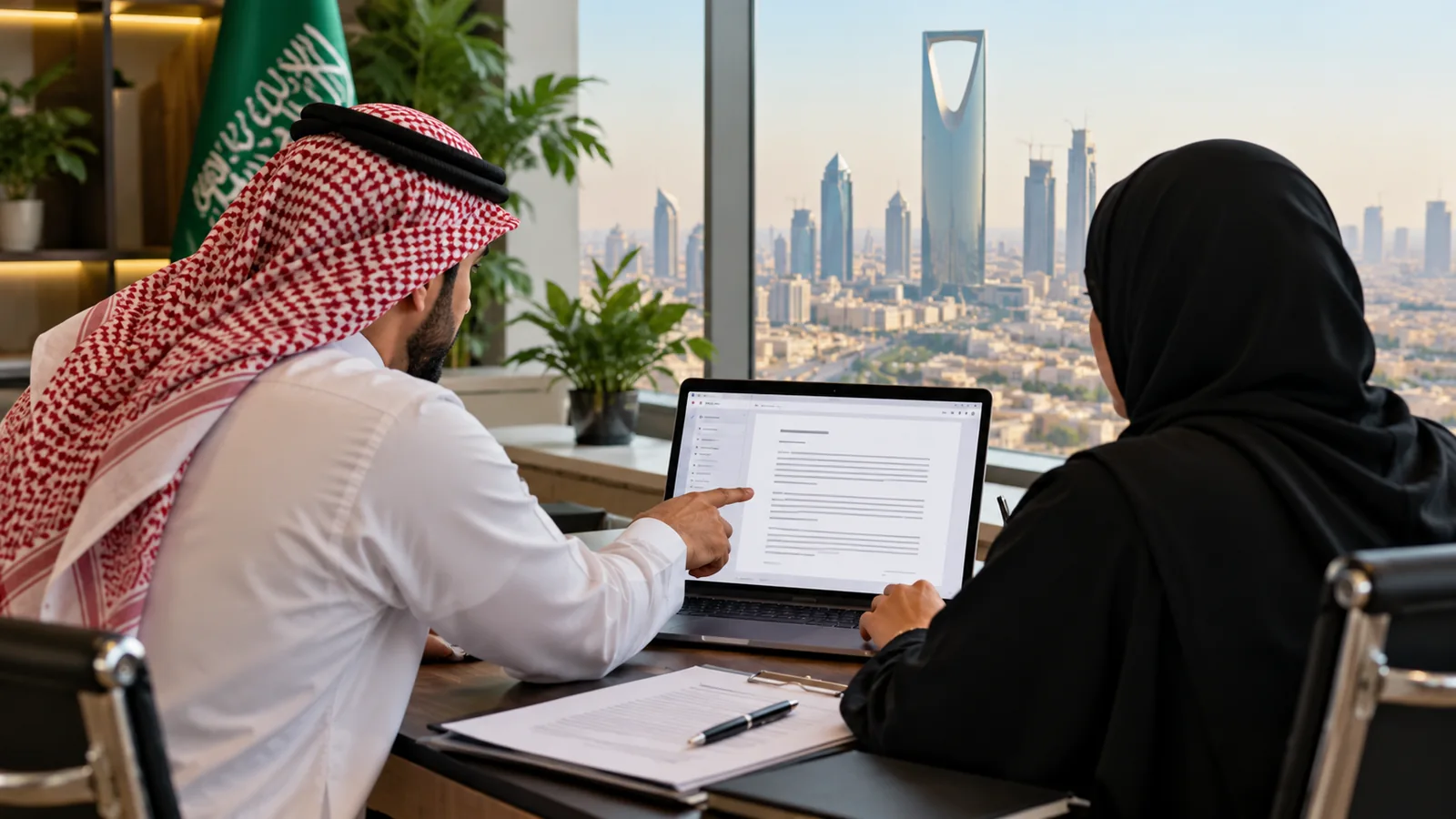 توثيق عقد العمل عبر قوى: الخطوات والشروط وحل عدم ظهور العقد 1 موظف وموظفة يراجعان عقد عمل إلكتروني على حاسوب في مكتب سعودي حديث