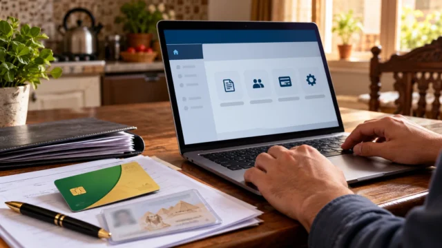 مواطن مصري يستخدم جهاز لابتوب لخدمات مصر الرقمية ويضع بطاقة تموين ومعلومات طلب حكومي بجواره