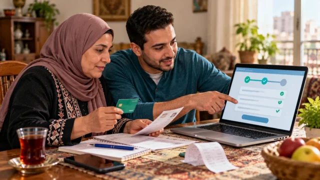 أم مصرية وابنها يراجعان بيانات الأسرة ومستندات بطاقة التموين على جهاز كمبيوتر داخل المنزل