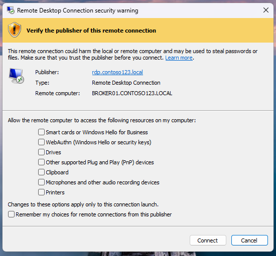 Windows 11 Clipboard History Not Working? Find What Failed 3 Microsoft Remote Desktop Connection security dialog showing an unchecked Clipboard resource