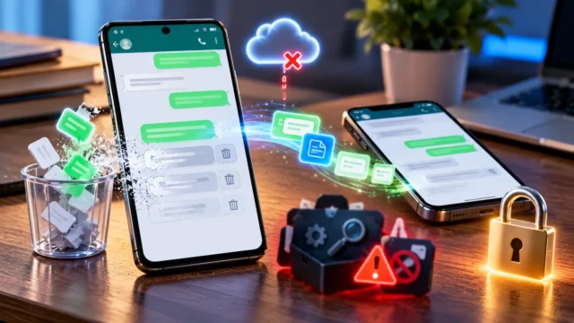 Two phones transferring chat messages with deleted message and cloud backup symbols, illustrating WhatsApp recovery without backup
