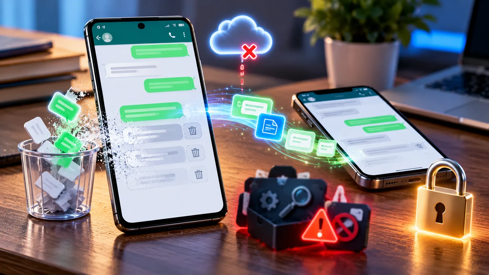 Can You Recover Deleted WhatsApp Messages Without a Backup? What Actually Works 1 Two phones transferring chat messages with deleted message and cloud backup symbols, illustrating WhatsApp recovery without backup
