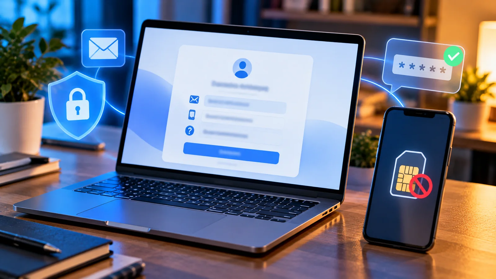 How to Recover a Gmail Account Without Your Old Phone Number 1 Laptop showing a secure account recovery interface beside a phone with an unavailable SIM icon