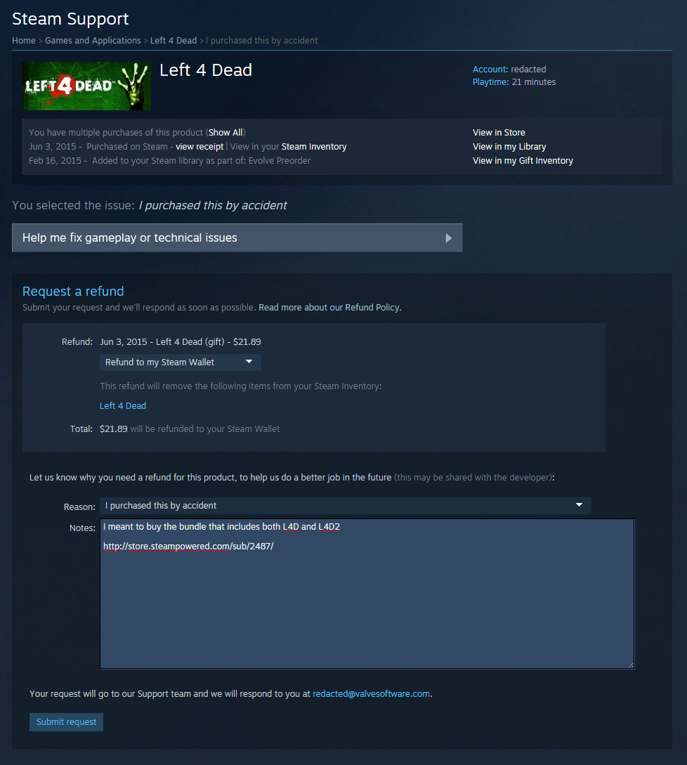 Steam Refund Approved but Not Received? Check Your Bank, Wallet and Payment Status 2 Steam official example showing the refund destination dropdown set to Steam Wallet