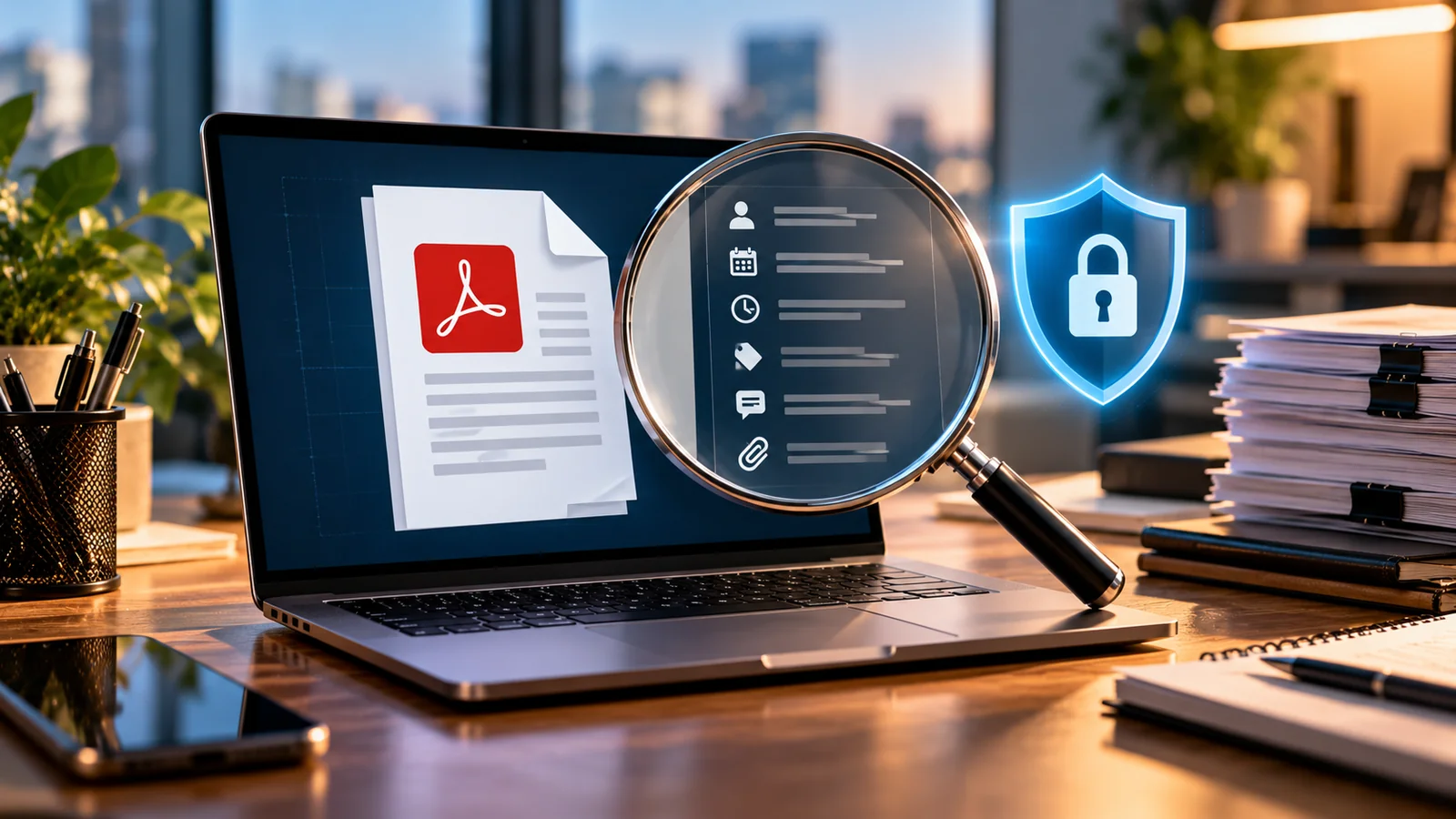How to Remove Hidden PDF Metadata Before Sharing a Document 1 Laptop displaying a PDF with a magnifying glass over document metadata and a shield symbolizing document privacy