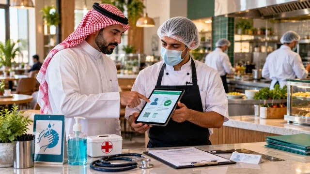 مدير منشأة غذائية سعودية يراجع حالة الشهادة الصحية الرقمية لعامل بالمطبخ مع متطلبات السلامة والفحص الطبي