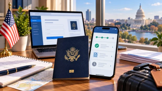 United States passport beside a laptop online application and smartphone progress tracker on a travel planning desk