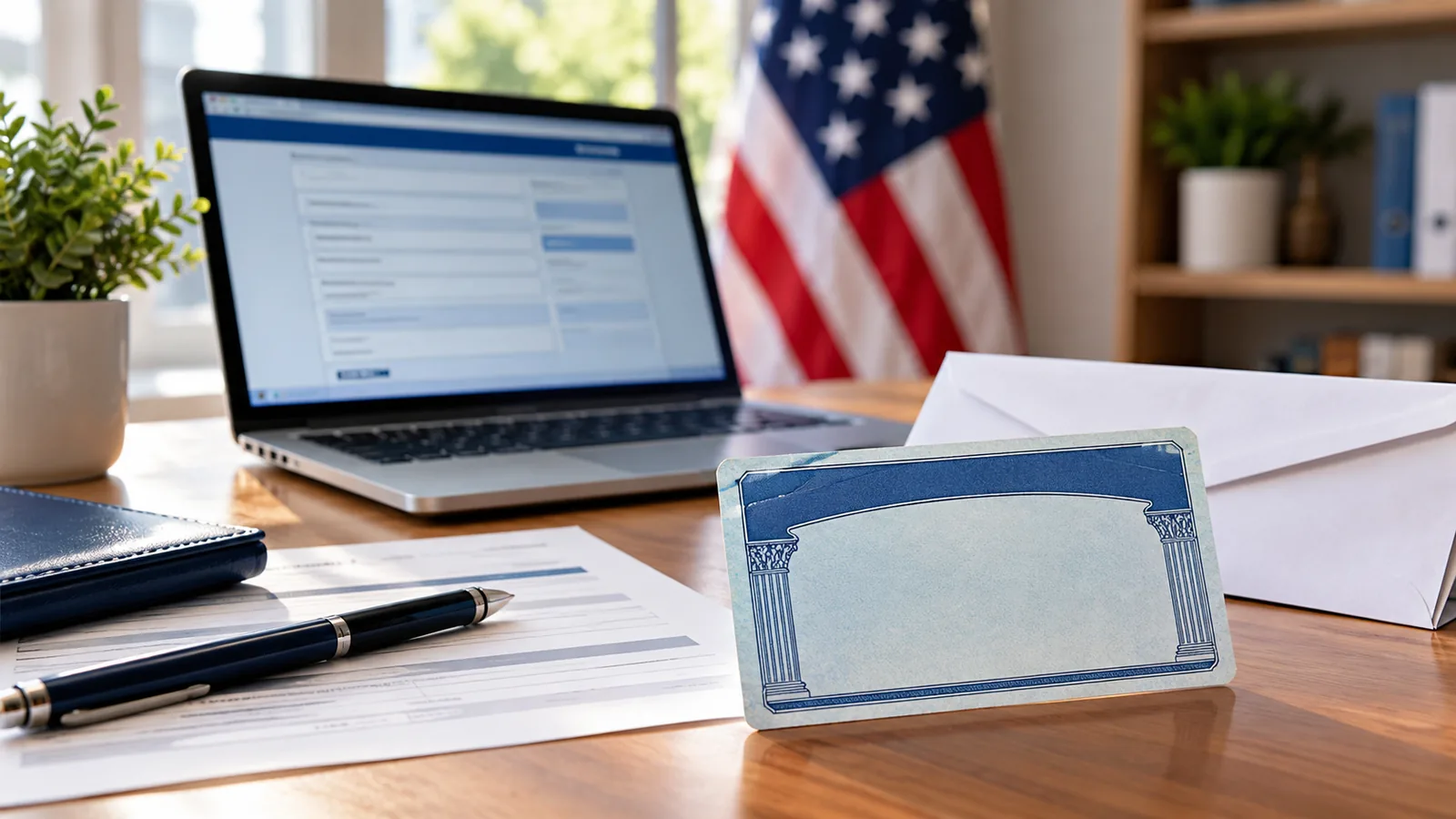 Replace a Lost Social Security Card Online for Free: SSA Steps and Documents 1 Blank blue security-style card and mail envelope beside an online government application on a laptop with an American flag in the background