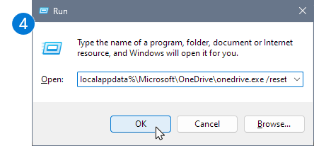 Microsoft official Run dialog screenshot illustrating the OneDrive desktop sync reset command