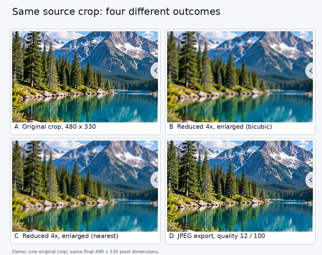 Why Images Look Blurry After Resizing and How to Fix Them 2 Four-panel controlled comparison showing the same photo crop original, bicubic enlargement, nearest-neighbor enlargement and heavily compressed JPEG