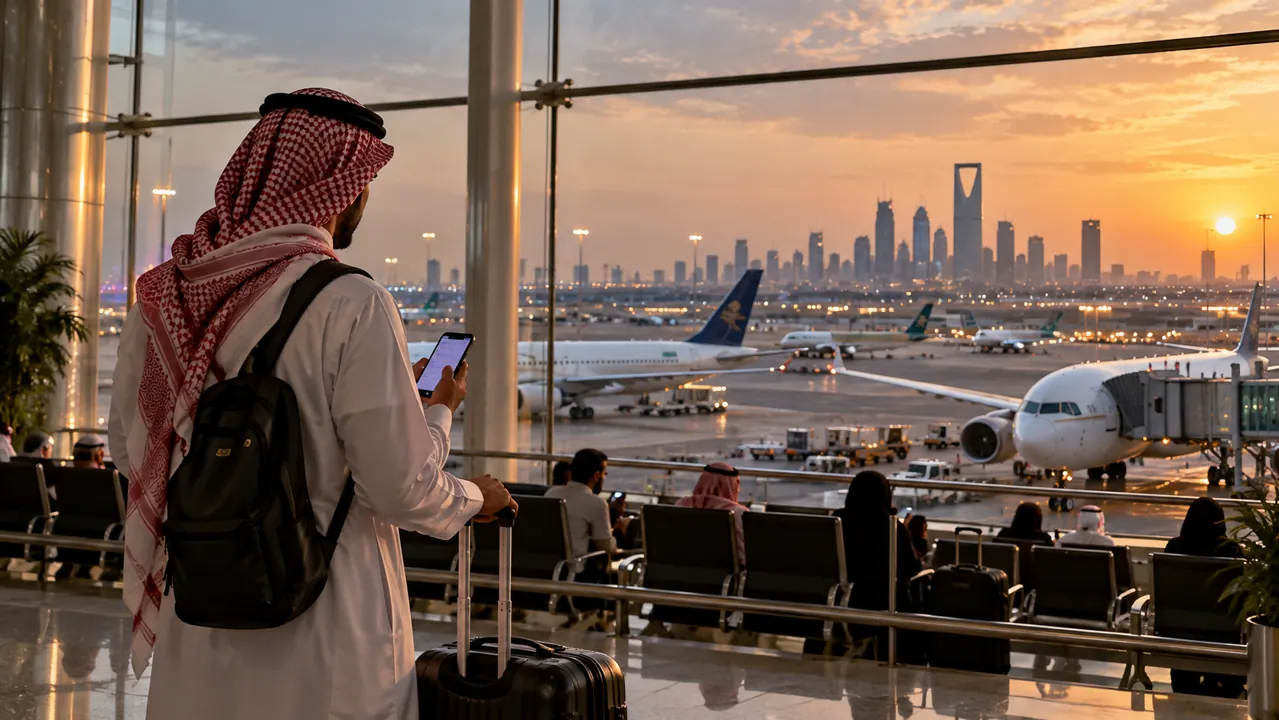 مطار الملك خالد بالرياض.. حالة الرحلات بعد تعليق التشغيل وكيف تستعلم عن حجزك 1 صورة تعبيرية لمسافر يتابع حجز رحلته من صالة مطار حديث في الرياض