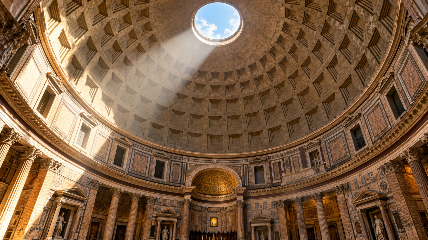 Why Some Ancient Roman Buildings Have Survived for 2,000 Years 1 Sunlight entering the oculus of a monumental ancient Roman-style concrete dome with coffered ceiling