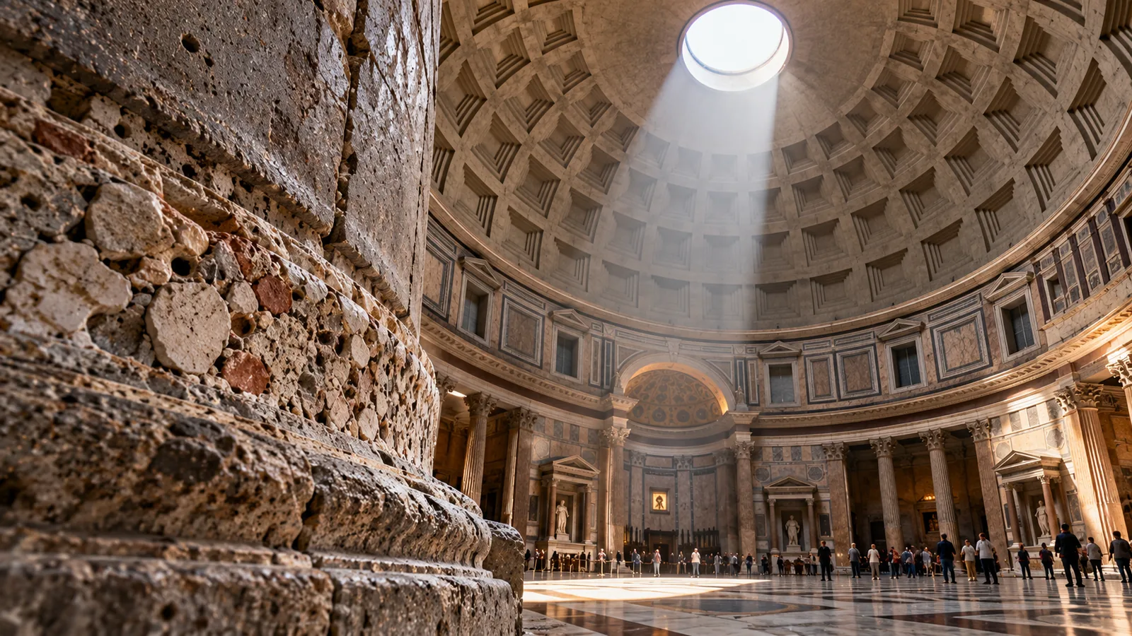 Why Ancient Roman Concrete Lasts for Thousands of Years — The Science Behind Its Durability 1 Sunlight entering the oculus of an ancient Roman concrete dome beside a close-up of stone aggregate