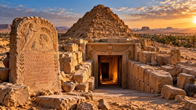 Artistic impression of a Roman-period Egyptian pyramid-shaped tomb, oasis desert landscape and funerary stele at sunset