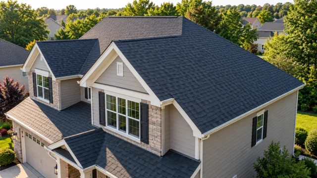 Aerial view of a suburban house with multiple pitched roof planes, gables and dark roof shingles