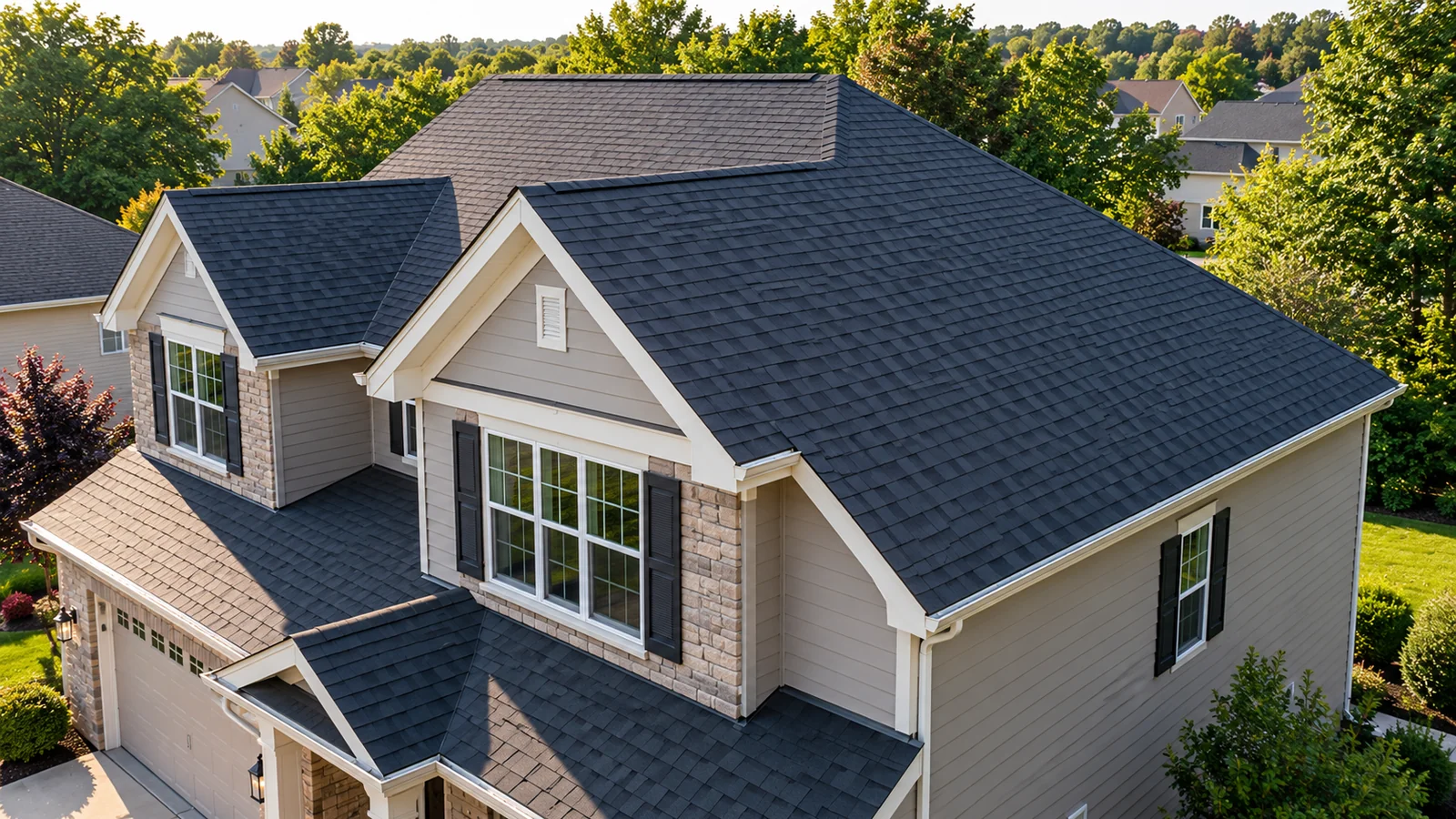 How to Calculate Roof Area and Pitch: Formulas, Roof Squares, and Worked Examples 1 Aerial view of a suburban house with multiple pitched roof planes, gables and dark roof shingles