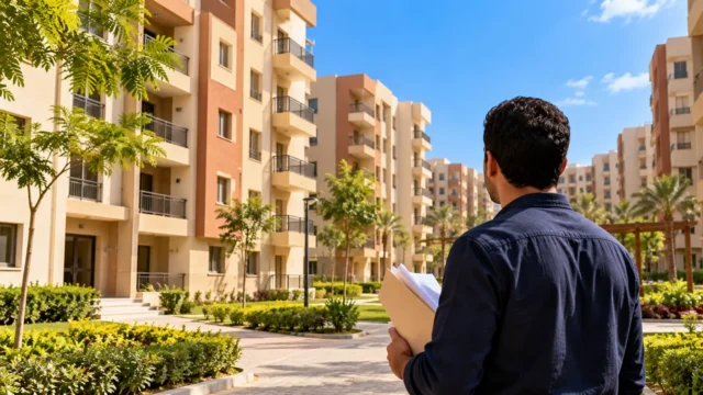مشهد توضيحي لمبانٍ سكنية حديثة وشخص يراجع مستندات الحجز ضمن دليل سكن لكل المصريين 9 بالإيجار المدعوم