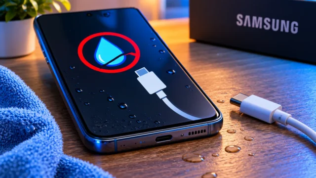 Samsung-style smartphone showing a moisture warning with USB-C charging cable disconnected
