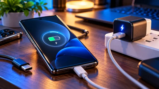 Samsung-style Android smartphone charging beside USB-C power adapter on a desk