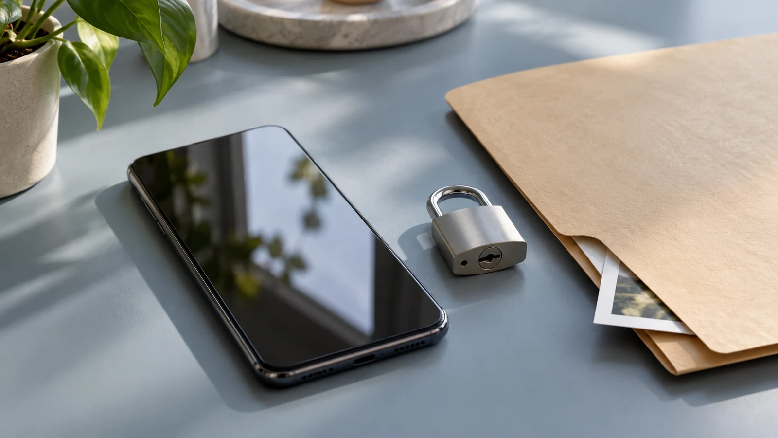 Samsung Secure Folder Forgot PIN and No Reset Option: What You Can Do 1 A smartphone with a dark screen beside a closed padlock and a folder holding photographs