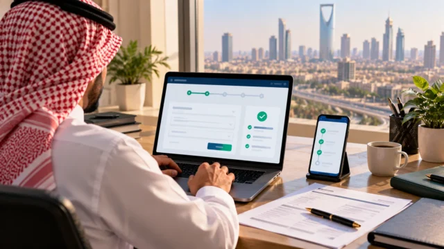 موظف سعودي يراجع طلب تعويض ساند عبر الحاسوب والهاتف في مكتب بمدينة الرياض بعد فقدان الوظيفة