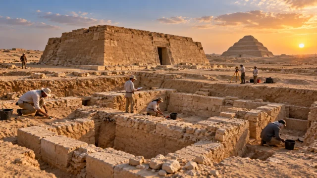 مشهد تمثيلي لحفائر أثرية بالقرب من مصطبة مصرية في سقارة وقت الغروب
