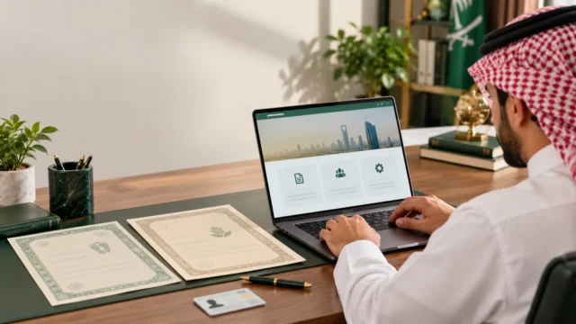 مستفيد سعودي يراجع وثائق مدنية ويستخدم الحاسوب لتقديم طلب تعديل بيانات شهادات الميلاد والوفاة إلكترونيًا