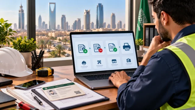حرفي في السعودية يراجع تحديث الرخصة الحرفية وإضافة المهن عبر الحاسب مع أدوات العمل