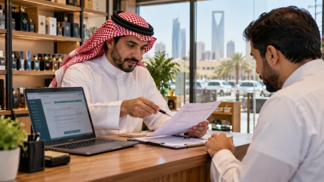 صورة تعبيرية لصاحبي عمل يراجعان إجراءات نقل رخصة محل تجاري داخل متجر سعودي
