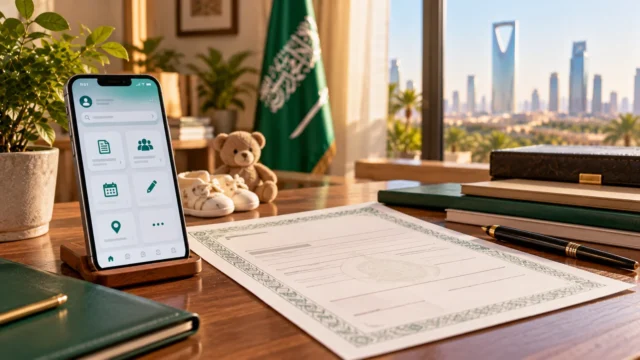 هاتف ومستند شهادة ميلاد على مكتب في السعودية تعبيرًا عن إصدار شهادة ميلاد عبر أبشر