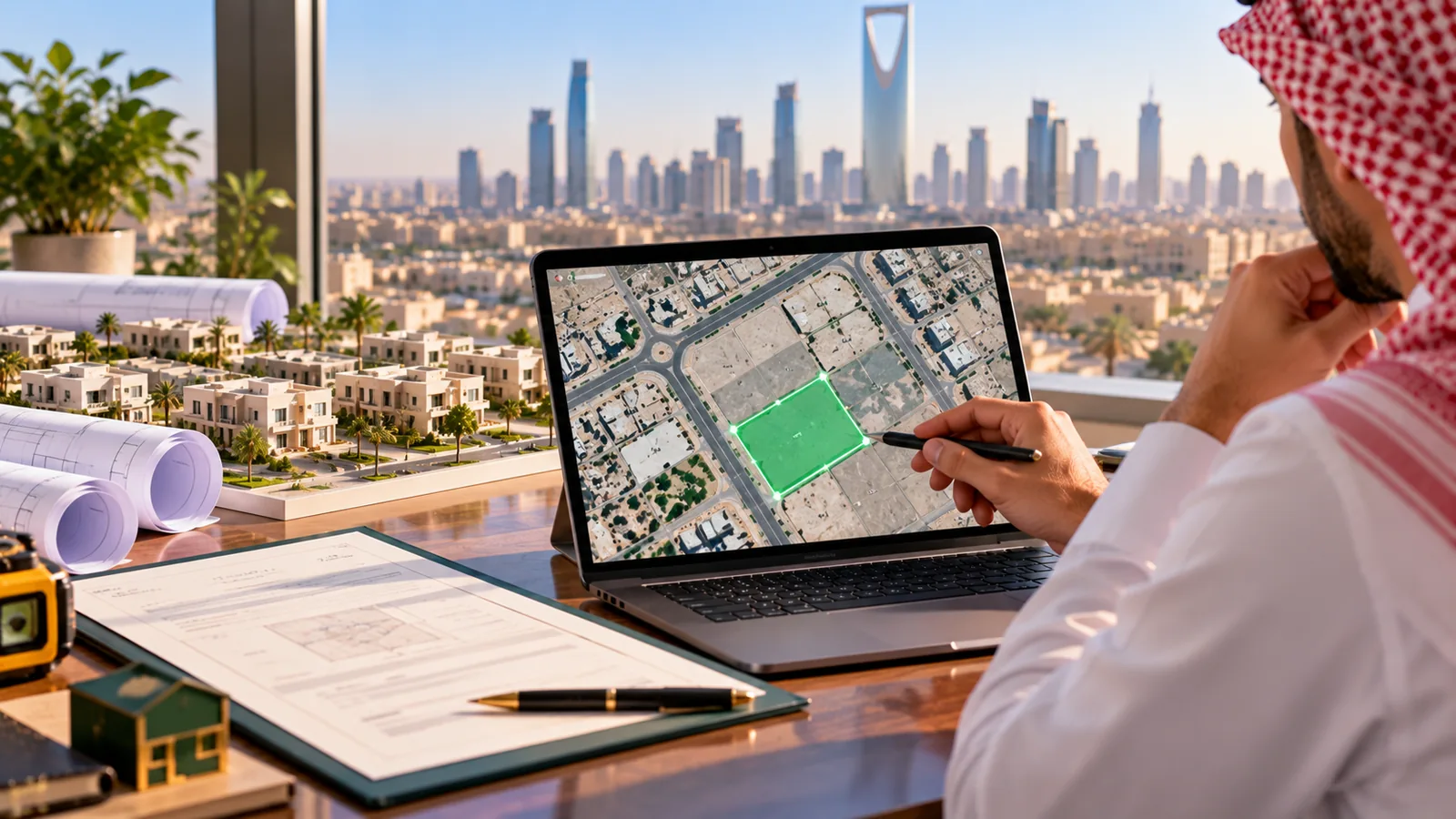 التسجيل العيني الأول للعقار في السعودية: كيف تتأكد أن عقارك داخل المنطقة المعلنة؟ 1 مالك عقار في السعودية يفحص قطعة أرض على خريطة رقمية للتحقق من المناطق المشمولة بالتسجيل العيني الأول
