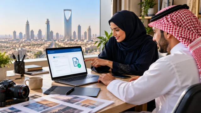 سعوديان يراجعان طلب إصدار وثيقة العمل الحر على حاسوب داخل مكتب مع أدوات عمل إبداعية وخلفية مدينة الرياض