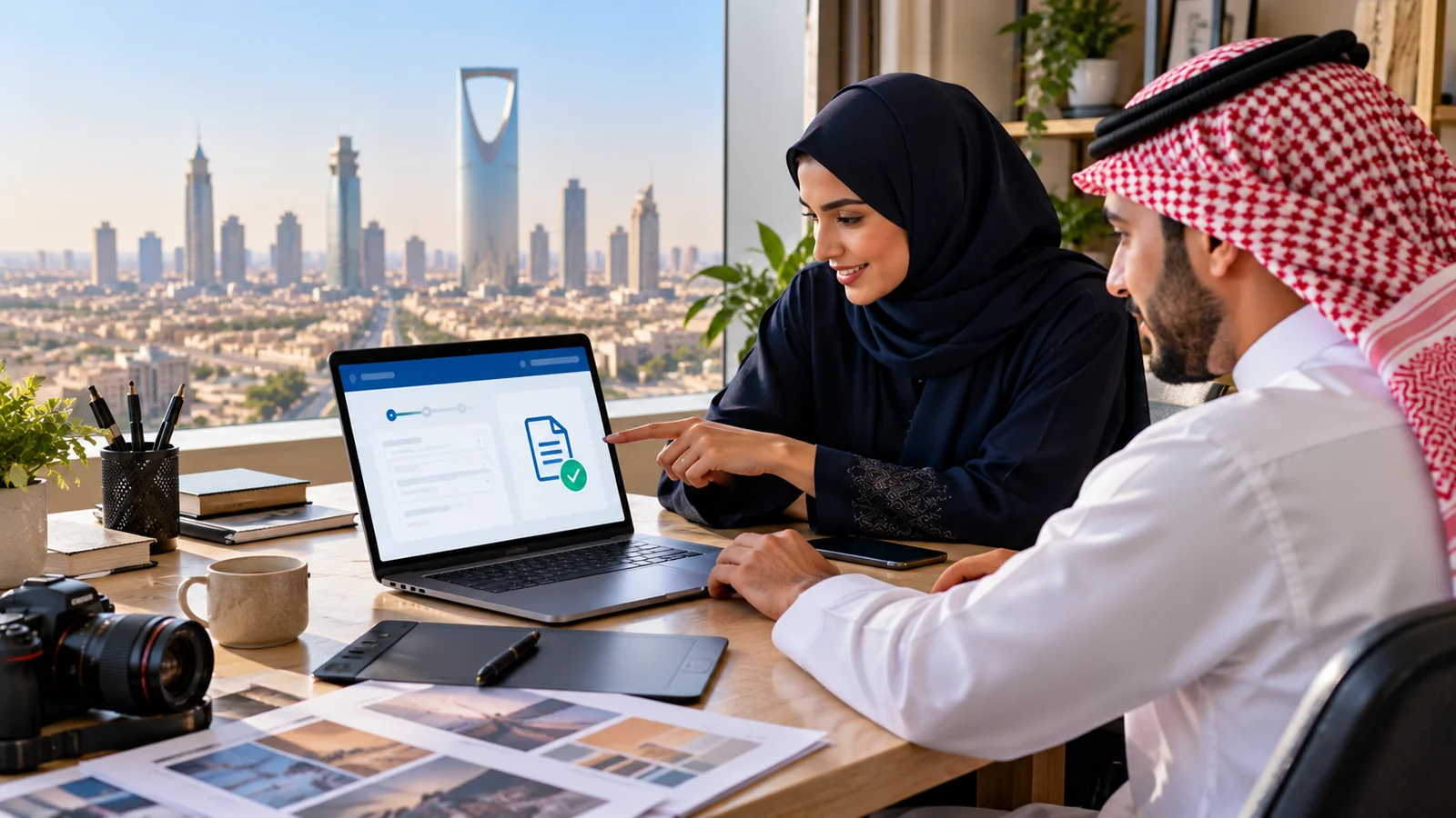 إصدار وثيقة العمل الحر في السعودية: طريقة التسجيل والمهن المتاحة وحل رفض الطلب 1 سعوديان يراجعان طلب إصدار وثيقة العمل الحر على حاسوب داخل مكتب مع أدوات عمل إبداعية وخلفية مدينة الرياض