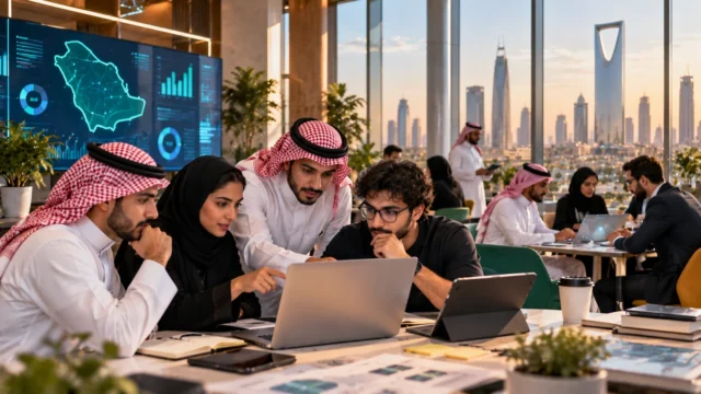 فريق مبتكرين يعمل على نموذج تقني داخل مساحة عمل حديثة في الرياض، صورة تعبيرية عن برمجان التأمين