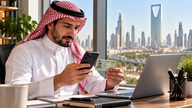 Saudi resident checking Iqama validity on smartphone in a Riyadh office