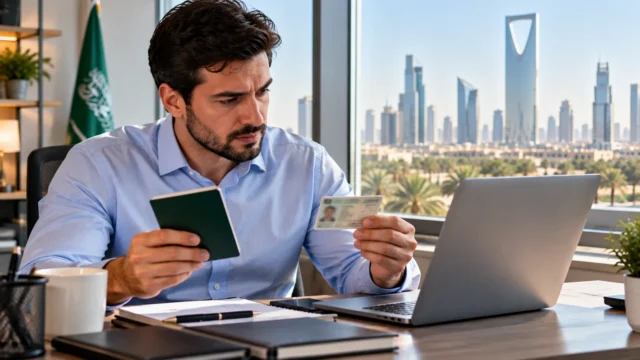 Resident in Saudi Arabia checking passport and resident ID next to laptop in Riyadh office