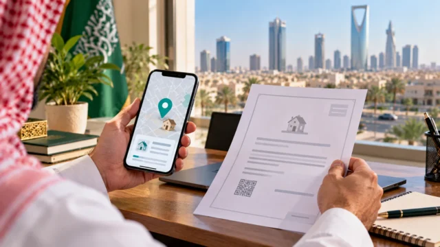 شخص في السعودية يحمل هاتفًا يعرض موقع العنوان على الخريطة ووثيقة إثبات عنوان على مكتب مع مشهد لمدينة الرياض
