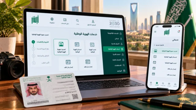 مكتب به هاتف وحاسوب وبطاقة هوية سعودية تعبيرًا عن تحديث صورة الهوية الوطنية عبر أبشر