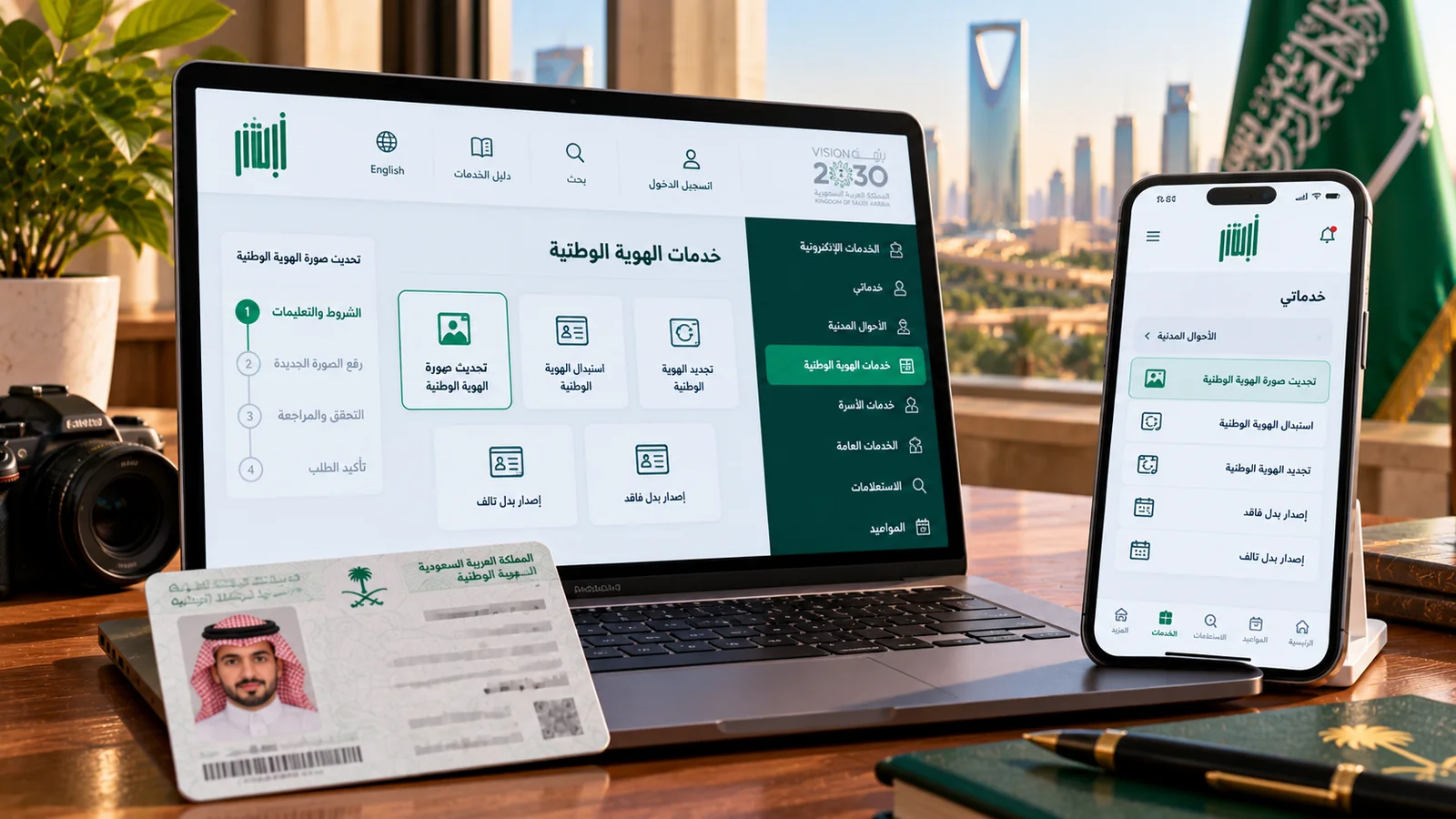 مكتب به هاتف وحاسوب وبطاقة هوية سعودية تعبيرًا عن تحديث صورة الهوية الوطنية عبر أبشر