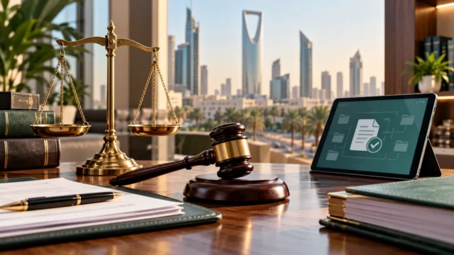 ميزان العدالة ومطرقة قضائية وجهاز لوحي يرمزون إلى نظام التنفيذ الجديد والإجراءات القضائية الرقمية في السعودية