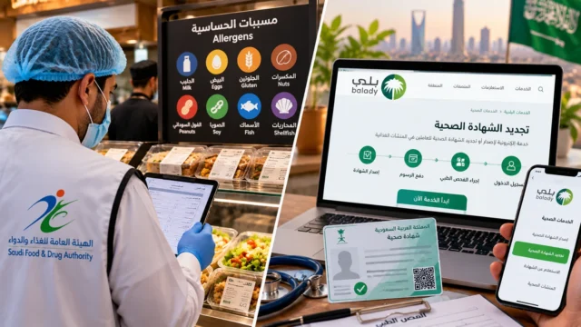 مراجع سلامة أغذية يفحص رموز مسببات الحساسية في قائمة مطعم سعودي أثناء تجهيز وثائق الامتثال