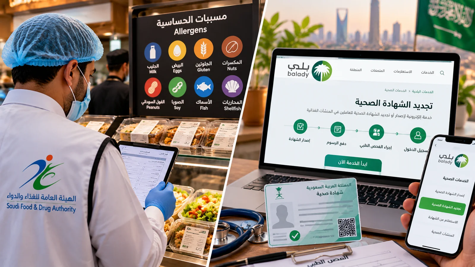 الإفصاح عن مسببات الحساسية في المطاعم السعودية: دليل الامتثال وقائمة المراجعة 1 مراجع سلامة أغذية يفحص رموز مسببات الحساسية في قائمة مطعم سعودي أثناء تجهيز وثائق الامتثال