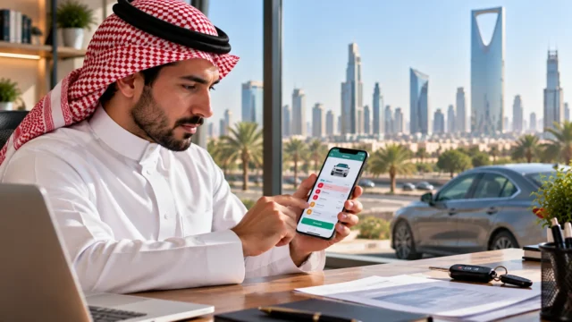 Man in Saudi Arabia checking traffic violation and payment status on a smartphone beside his car keys