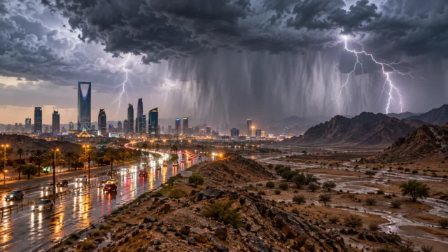 صورة تعبيرية لسحب رعدية وأمطار غزيرة فوق مدن ومناطق في السعودية