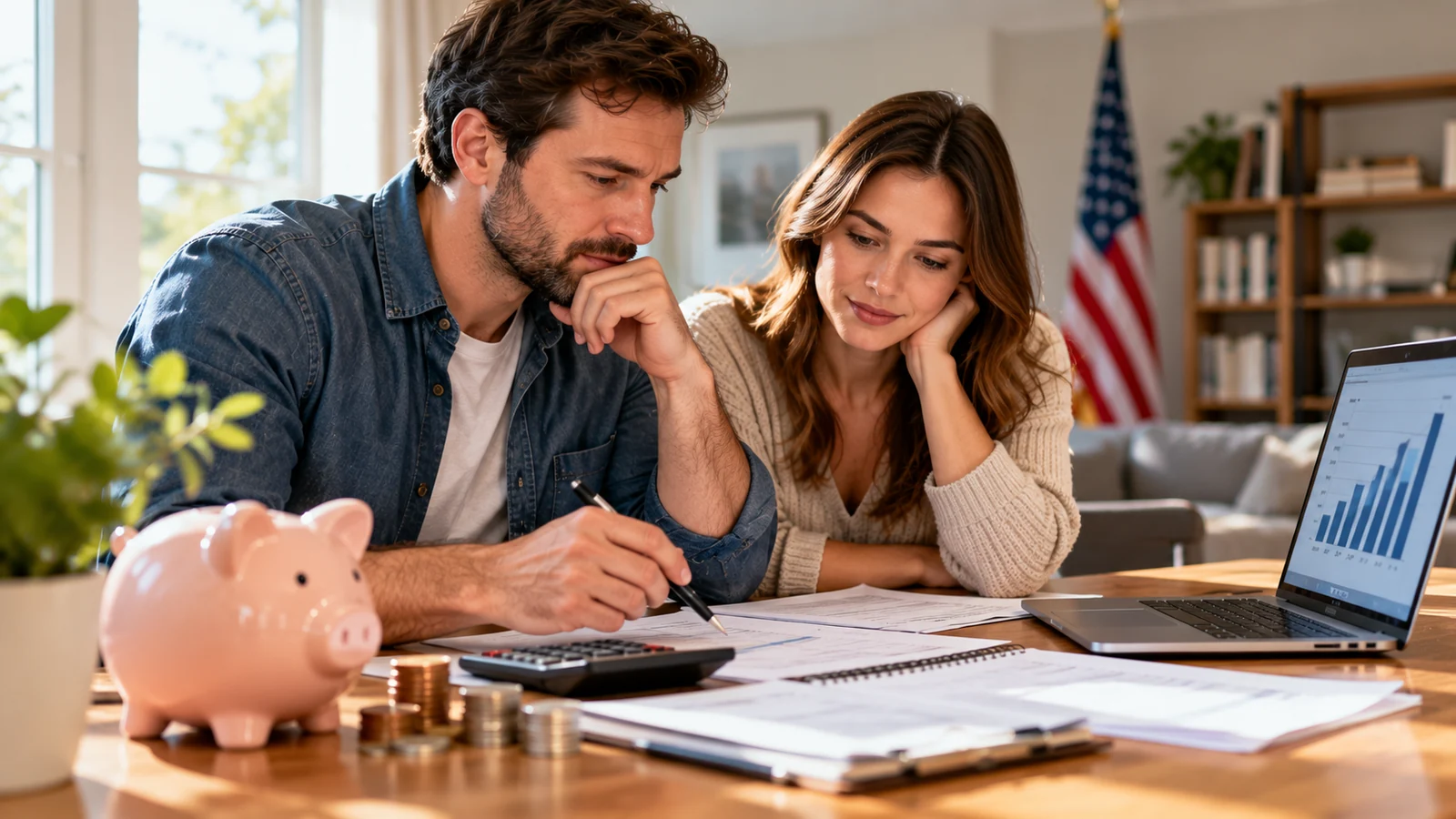 American couple reviewing retirement savings calculations beside a piggy bank and laptop