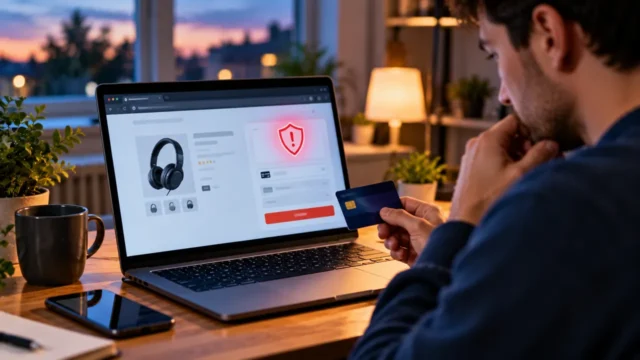 Shopper checks an online store and card payment warning on a laptop before purchasing