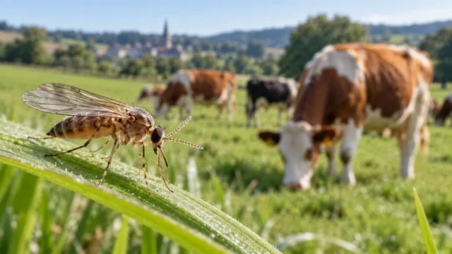 Biting midge near cattle illustrating suspected Shamonda virus transmission