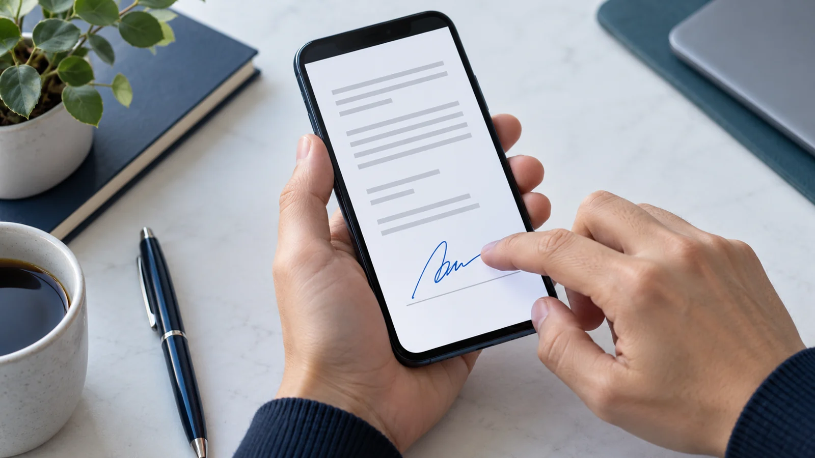 توقيع ملف PDF من الموبايل بدون طباعة: أندرويد وآيفون 1 يد تضيف توقيعًا على مستند ظاهر في هاتف محمول