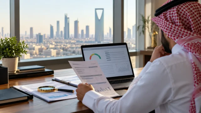 مستخدم سعودي يراجع تقريرًا ائتمانيًا ومؤشرات مالية على شاشة حاسوب قبل تقديم اعتراض على معلومة خاطئة